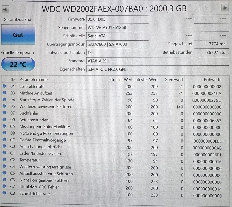 HDD-FESTPLATTE WD BLACK WD2002FAEX 2TB 7200U/min 64MB CACHE SATA III 3.5'' Zoll - Bild 3 von 3