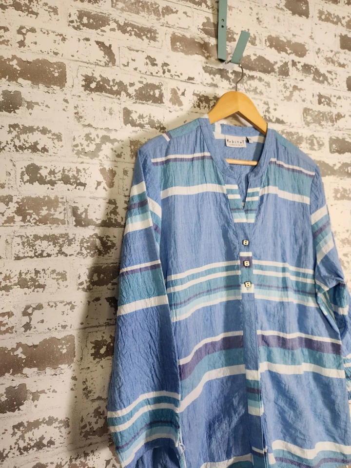 Habitat Shirt Size Large Blue Stripe Artsy Boho Beachy Light Crinkle Tunic Comfy - Image 4 of 4