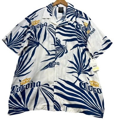 Corona Mens Logo Palm Fronds Short Sleeve Button-Down Shirt Size L White Blue