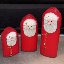 Vtg Hand Painted Wood Santa Claus Figures 2-sided Signed 92 Folk Art Christmas