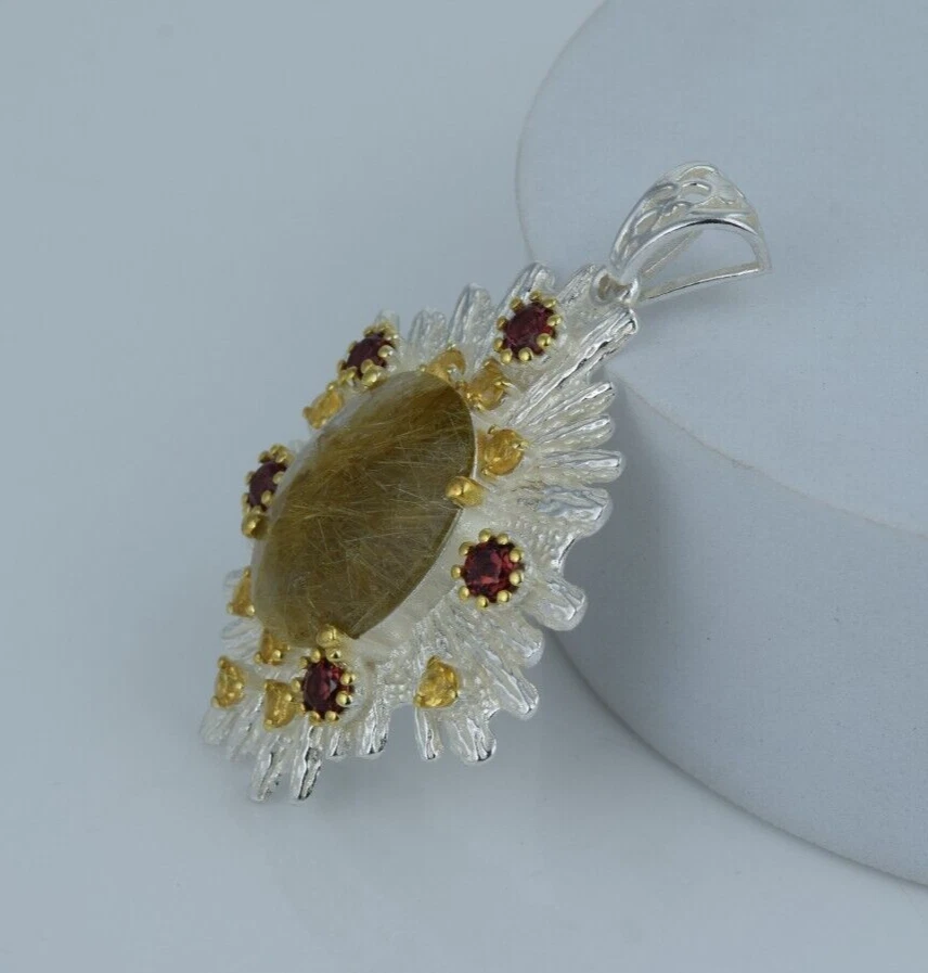 Ciondolo quarzo rutilato dorato naturale granato citrino gioielli in... - Immagine 4 di 4