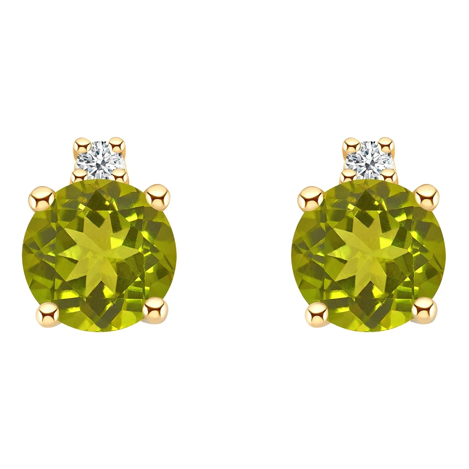 14K Yellow Gold 4mm Round Genuine Natural Peridot Diamond Accent Stud Earrings - Image 3 of 4