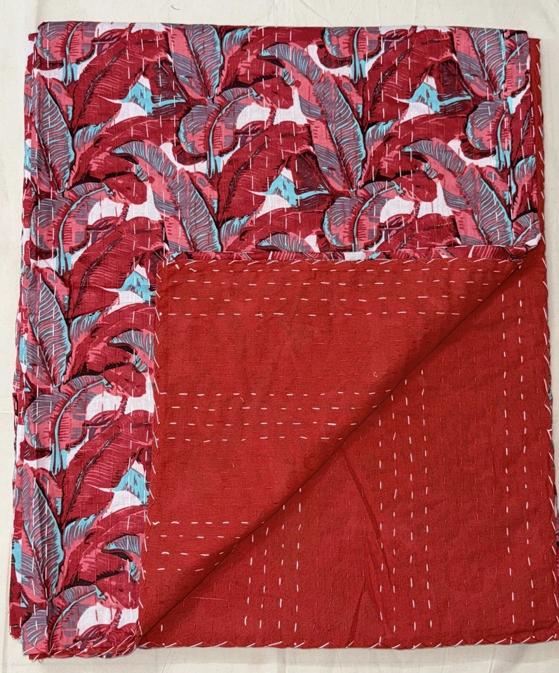 Funda de cama Kantha Gudari roja boho vintage hecha a mano manta cosida a mano Razai Foto 3 de 4