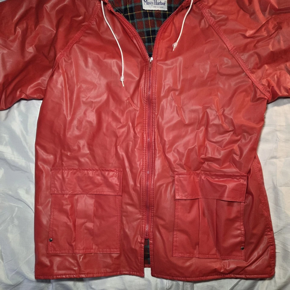 Impermeable Vintage Misty Harbor Franela a Cuadros Forrado Rojo Slicker Con Capucha Talla L Foto 3 de 4