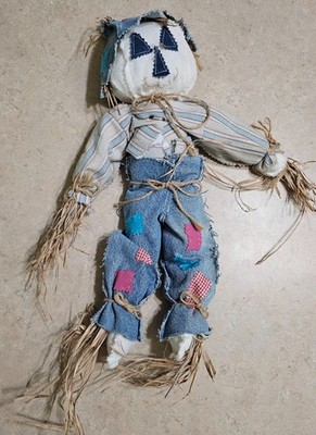 Vintage autumn holiday decor scarecrow rags denim doll hand made