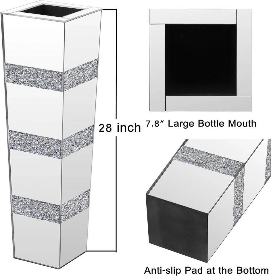Jarrón grande de piso alto espejado 28" florero de piso de diamante triturado, decoración plateada... Foto 3 de 4