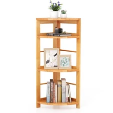 4-Tier Corner Shelf, 34" Bookshelf with Rubber Wood Frame, Anti-Toppling Kit,...