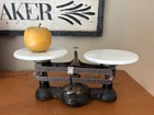 Antique Ohaus Balance Scale Double Beam Cast Iron & Steel Milk Glass Pans 2 Kilo