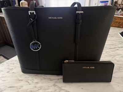 Michael Kors Large Black Tote w/ Logo Charm, Zip Wallet, Gold Hardware