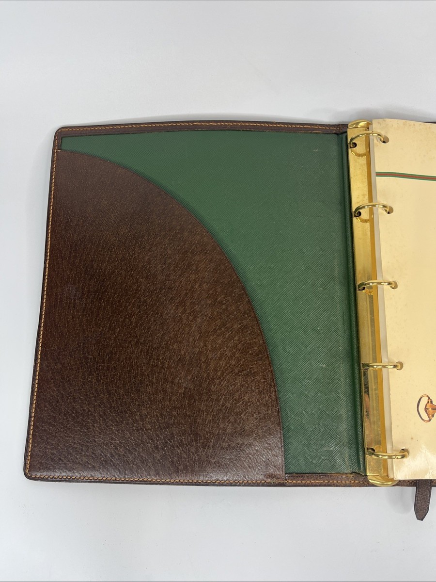 GUCCI ブラウンレザー リングバインダー GUCCI 5 Ring binder brown leather Made In Italy Red Green