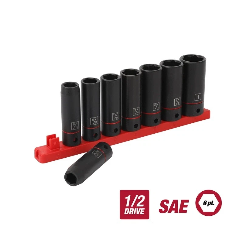 9-Piece 1/2-Inch Drive Deep Socket Set Cr-V Steel Color Coded Sockets W/ Rail US - Image 2 of 4