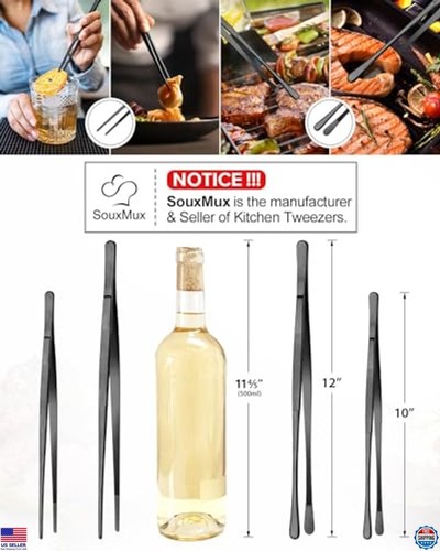 12" Stainless Steel Cooking Tweezers Tongs, Serrated Tips for BBQ & Plating - Picture 3 of 6