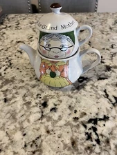 Vintage Tea For One Teapot Cup Lid Grandma Knitting Korea 3 Piece Set Retro