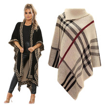 NEW IN LADIES TARTAN & PLAIN PONCHO KNITTED CAPE WRAP SHAWL ONE SIZE 8-14