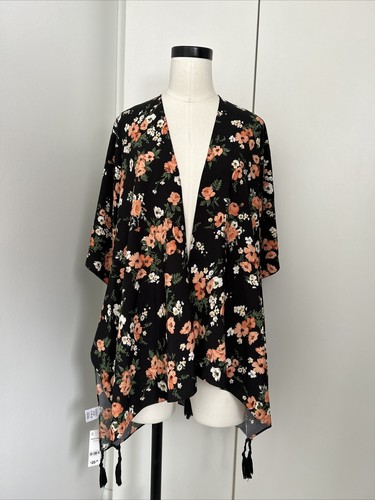 NEW WITH Tags! Black Multicolored Floral Print Kimono With Tassels