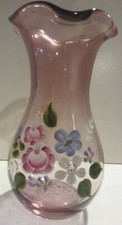 Vintage Fenton Ruffled Purple Amethyst Vase Hand Painted for Teleflora