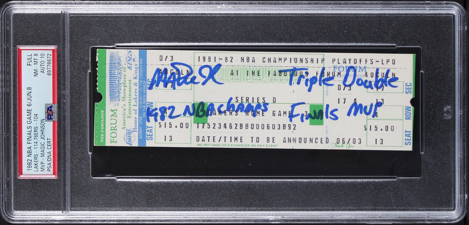 Magic Johnson Autographed Signed 1982 Finals Game 6 Full Ticket Graded 8 Auto 10 PSA Slab 
