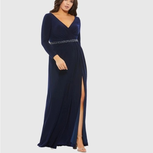 Mac Duggal Midnight Navy Perlen Gürtel Jersey Faux Wickel Langarm Kleid Gr 14W - Bild 2 von 16