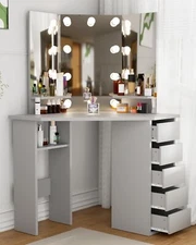 Corner Makeup Vanity Desk with Mirror& Lights 44'' Bedroom Vanity Table Shelf