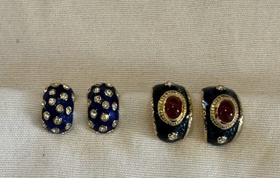 2 Pairs Of Quality Gold-Tone, Deep Blue Enamel & Crystal Clip Earrings - CINER?
