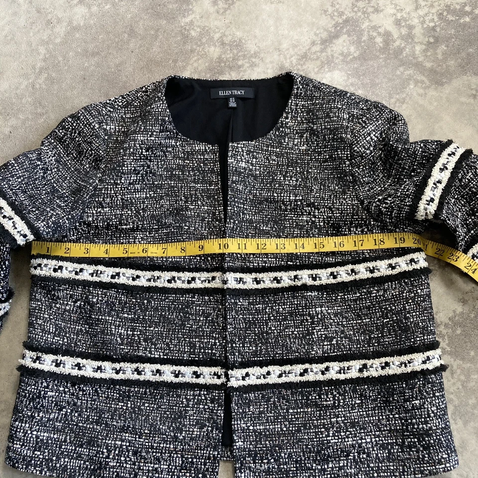 Blazer Ellen Tracy Mujer Talla 12 Negro Blanco Oficina Frente Abierto Corto Manga 3/4 Foto 2 de 4