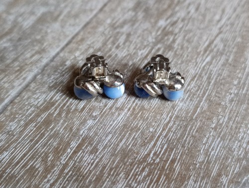 Boucles D'oreilles Clips Perles Bleues Et Blanches Vintage - Picture 4 of 6