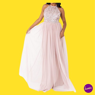 MAYA DELUXE Damen Maxikleid, Neckholder Pailletten verziert, rosa, UK 12
