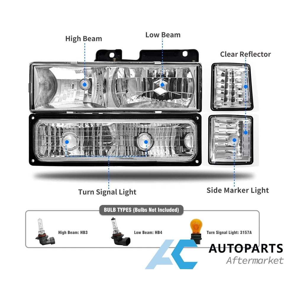 For 94-98 Chevy Silverado Tahoe C10 C/K 1500 2500 3500 Headlights Headlamp 8pcs - Image 3 of 4