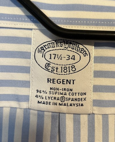 Brooks Brothers Regent Non Iron 17-1/2 34 Blu Whi Stripe - Picture 2 of 3