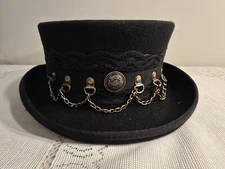 DIFFERENT TOUCH MEN'S XL STEAMPUNK WOOL TOP HAT WITH LEATHER BAND & CHAIN