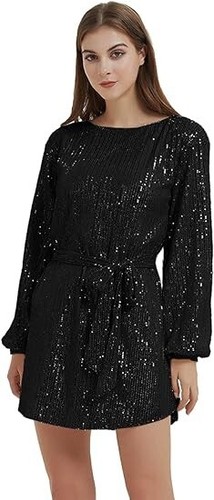 BLACK SEQUIN SHIFT , LANTERN SLEEVE PARTY COCKTAIL DRESS w/ BELT L New
