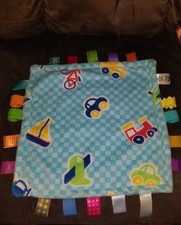 Taggies Baby Security Blanket Blue Check Fleece Plane Boat Car Train Bike