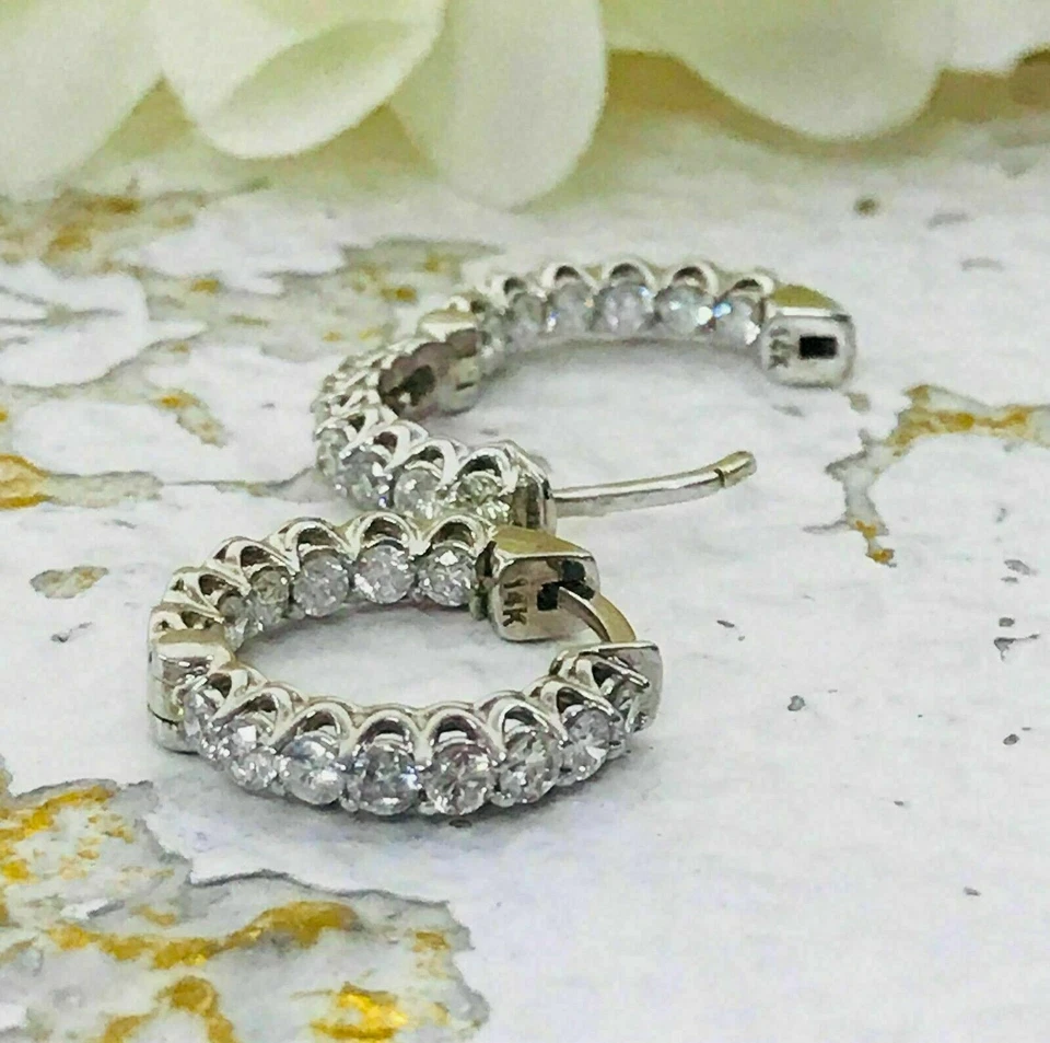 14K White Gold Over Round Diamond-Cut Lab Created Women's Huggie Hoop Earrings - Image 4 of 4