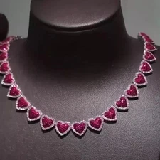 26CT Round Lab-Created Red Ruby Women's Tennis Necklace 14K White Gold Finish