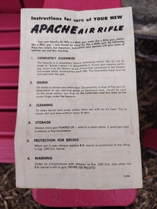 VTG RARE Apache Air Rifle Instruction Sheet Ownership Guide BB Gun