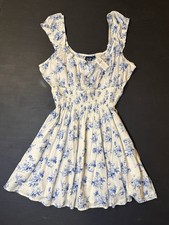 NWT Gap Blue White Floral Smocked Waist Front Tie Mini Dress Cap Sleeves Med