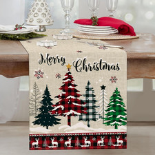 Buffalo Plaid Merry Christmas Trees Table Runner 13X72 Inch Snowflake Deer Seaso