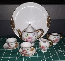 Miniature Ceramic Dollhouse Tea Set Demitasse 8 pc Floral painted Teapot flowers