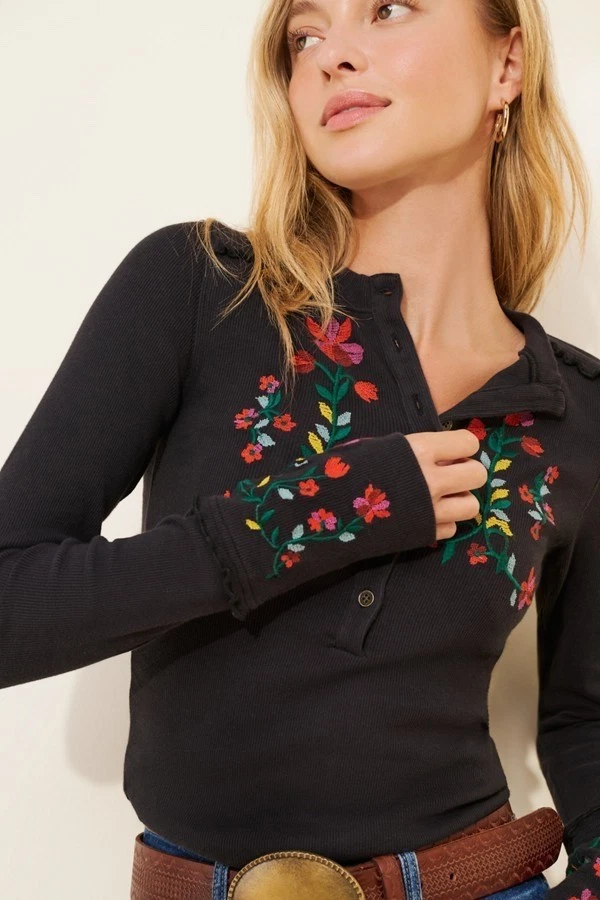 Free People Fleur Embroidered Cuff Henley Top - Black - BNWT RRP £88