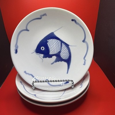 Vintage Koi Blue & White Fish Plates/Shallow Bowl/ Salad Plates~~Set of 3