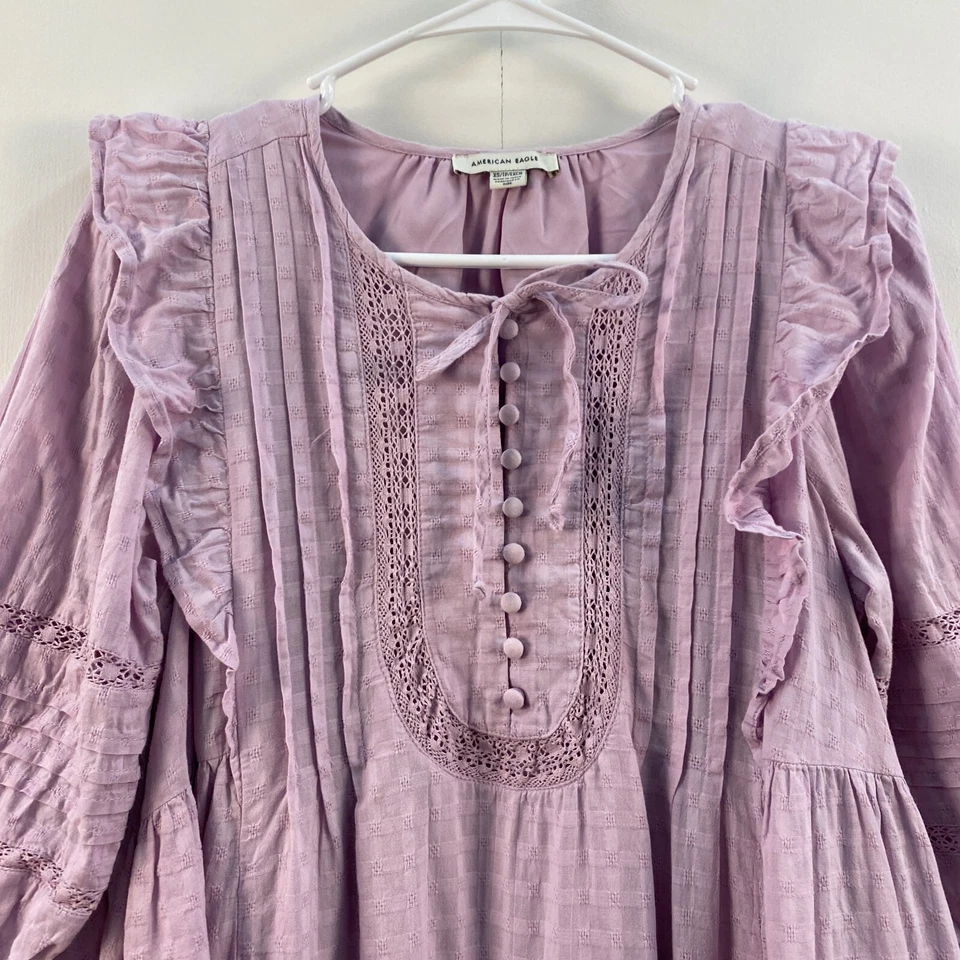 Vestido American Eagle XS para mujer manga 3/4 púrpura con volantes mini bolsillos plisados Foto 4 de 4
