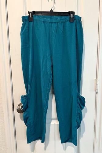 Oh My Gauze Pull On Stretch Waist Pants In Teal Womens Sz 2/XL Pockets - Picture 2 of 13