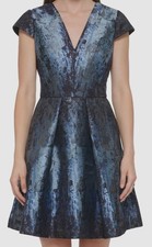 Vince Camuto Women's Blue Metallic Jacquard Cap-Sleeve Dress Size 2