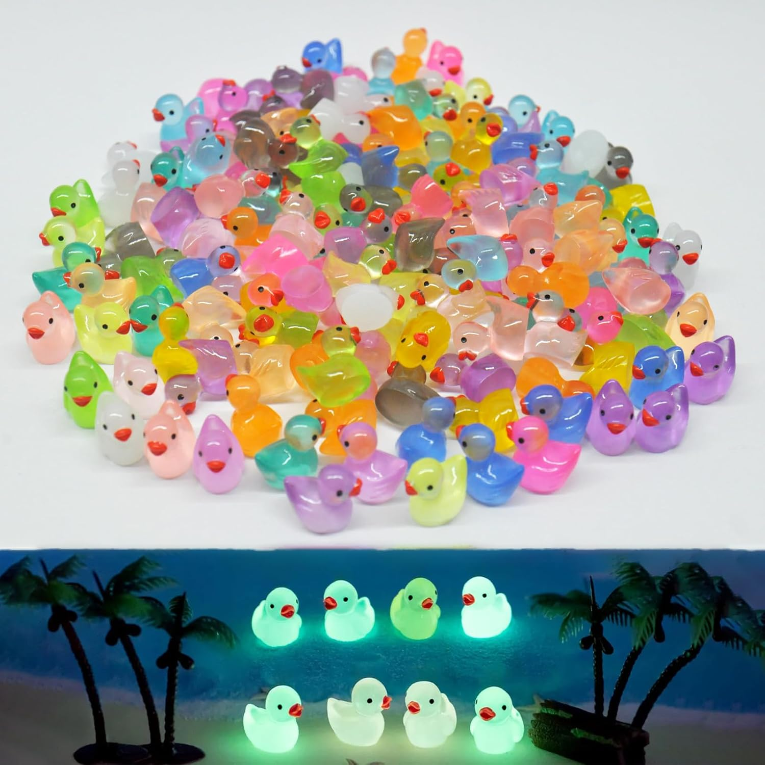 150 PCS Glow-In-Dark Mini Resin Ducks| 15 Colors Tiny Luminous Duck Figures for