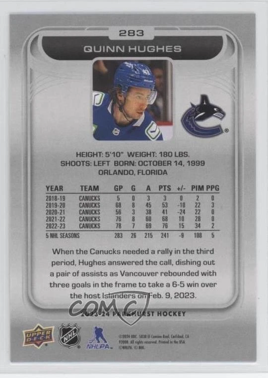 2023-24 Upper Deck Parkhurst Gold Foil Quinn Hughes #283 - Image 2 of 2