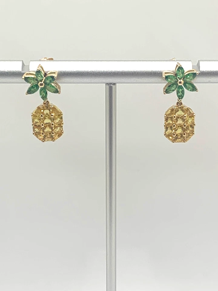 Tsavorite 和蓝宝石 14K YG 菠萝簇耳环。2.88tcwt 全新。 EGL证书 — 第 4/4 张图片