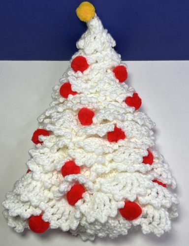 Crochet Christmas Tree White w/ Red Orange Ornaments Handmade 14" Bottle Cover - Picture 4 of 6