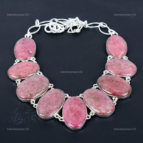Daughters Day Sale 925 Silver Oval Rhodonite Stone Chain Heart Chakra Necklace - Picture 3 of 11