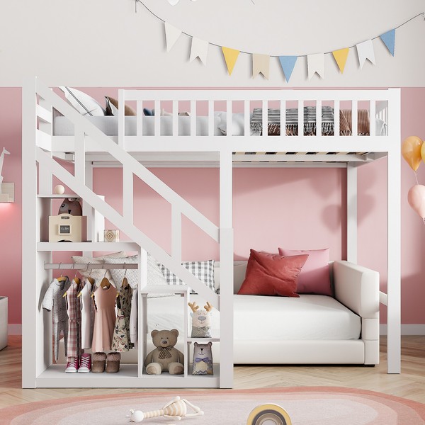 Kinderbett 90X200 Etagenbett Hochbett Massiv Stockbett Mit Stufenleiter Staufach-image