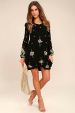 Free People Oxford Swing Dress Black Multi Floral Embroidered Mini Sz L